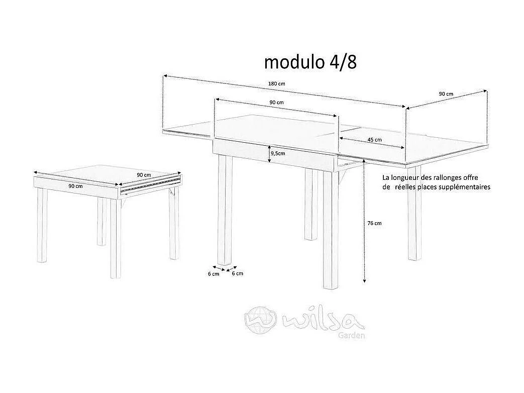 Table Modulo 4/8 personnes structure en aluminium noire, plateau en verre noir