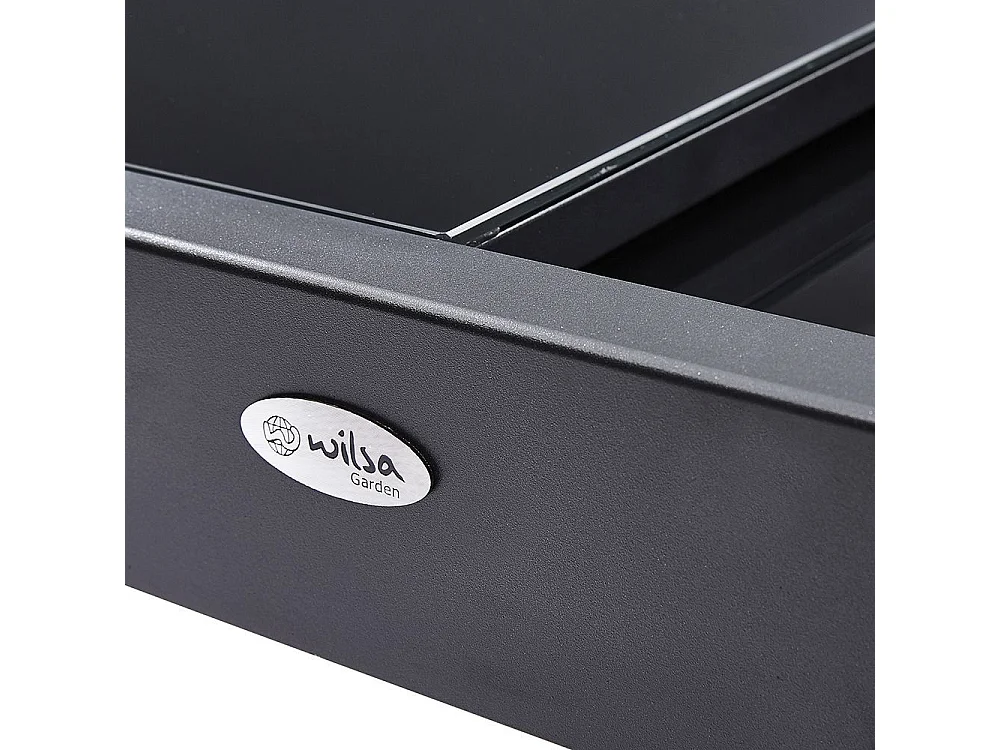 Table Modulo 4/8 personnes structure en aluminium noire, plateau en verre noir