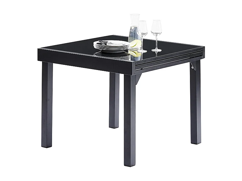 Table Modulo 4/8 personnes structure en aluminium noire, plateau en verre noir