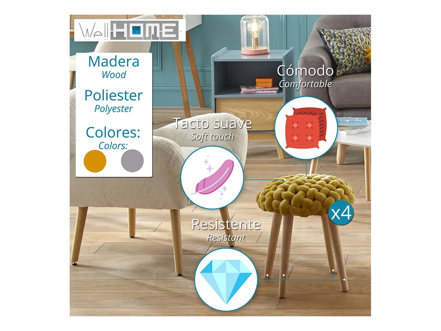 4x Tabourets De Tissus Tricotado, couleur jaune. 39x39x43