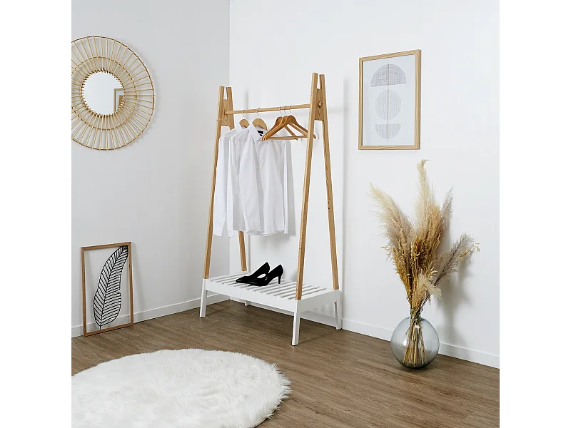 Portant A Vetements Bois Blanc 100x46x170cm Beige, Blanc