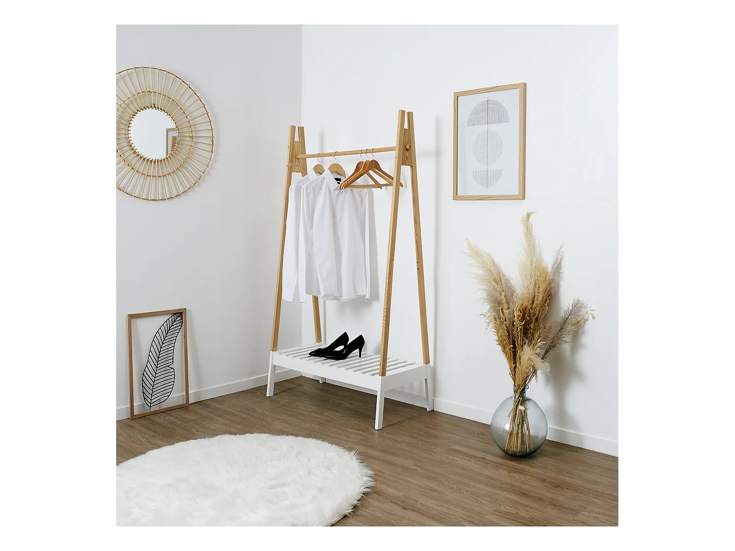 Portant A Vetements Bois Blanc 100x46x170cm Beige, Blanc
