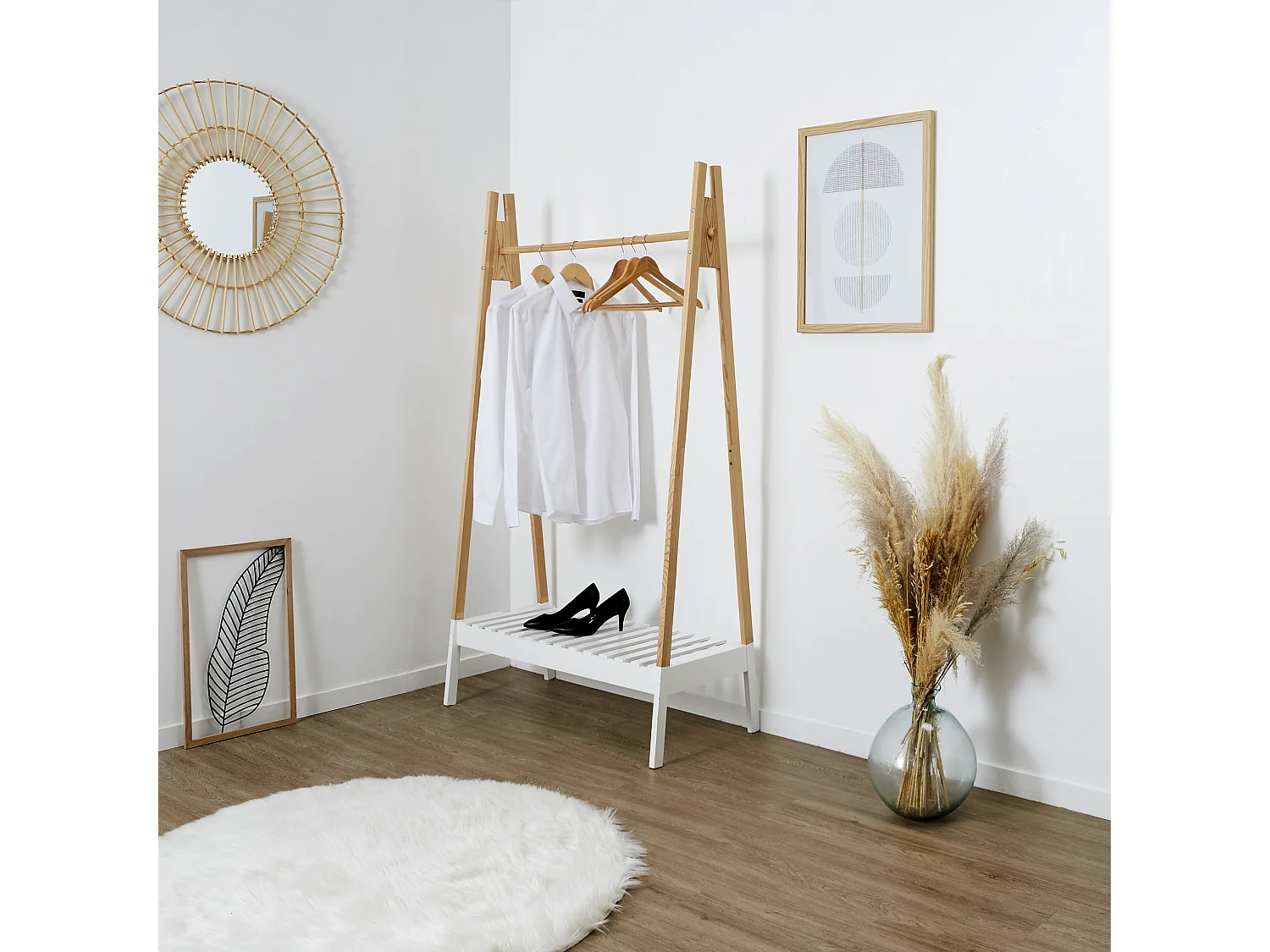 Portant A Vetements Bois Blanc 100x46x170cm Beige, Blanc