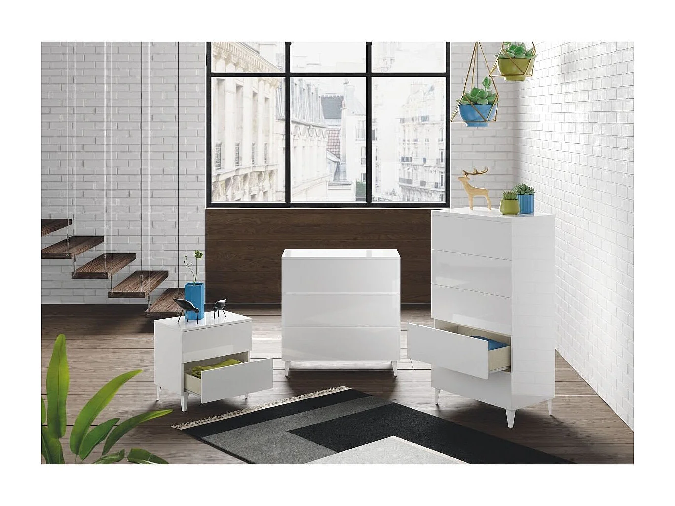 Mesa de cabeceira com gavetas, branco brilhante, 50x49x34 cm