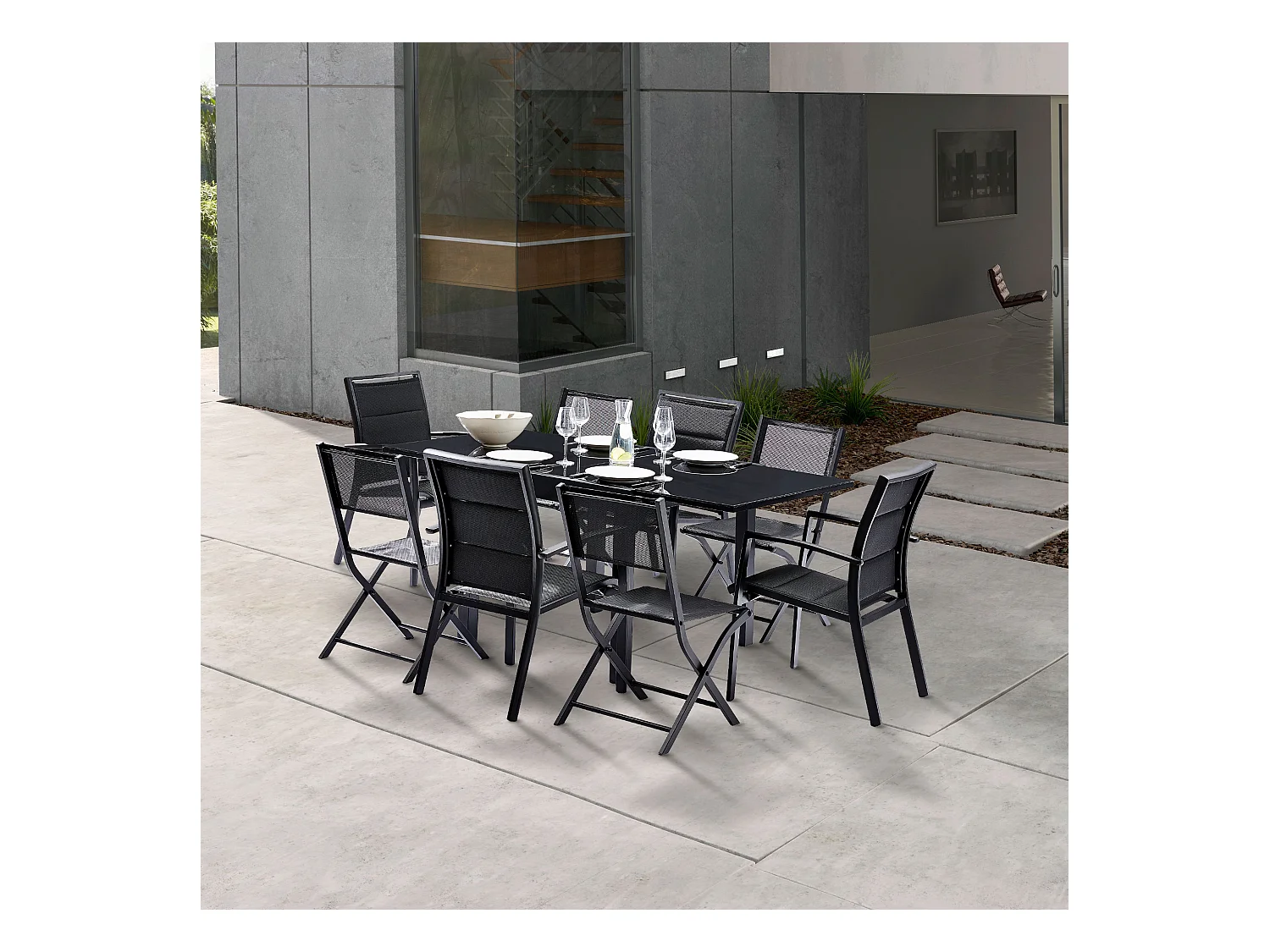 Ensemble MODULO 4/8p en aluminium noir et verre trempé modulable et 4 fauteuils