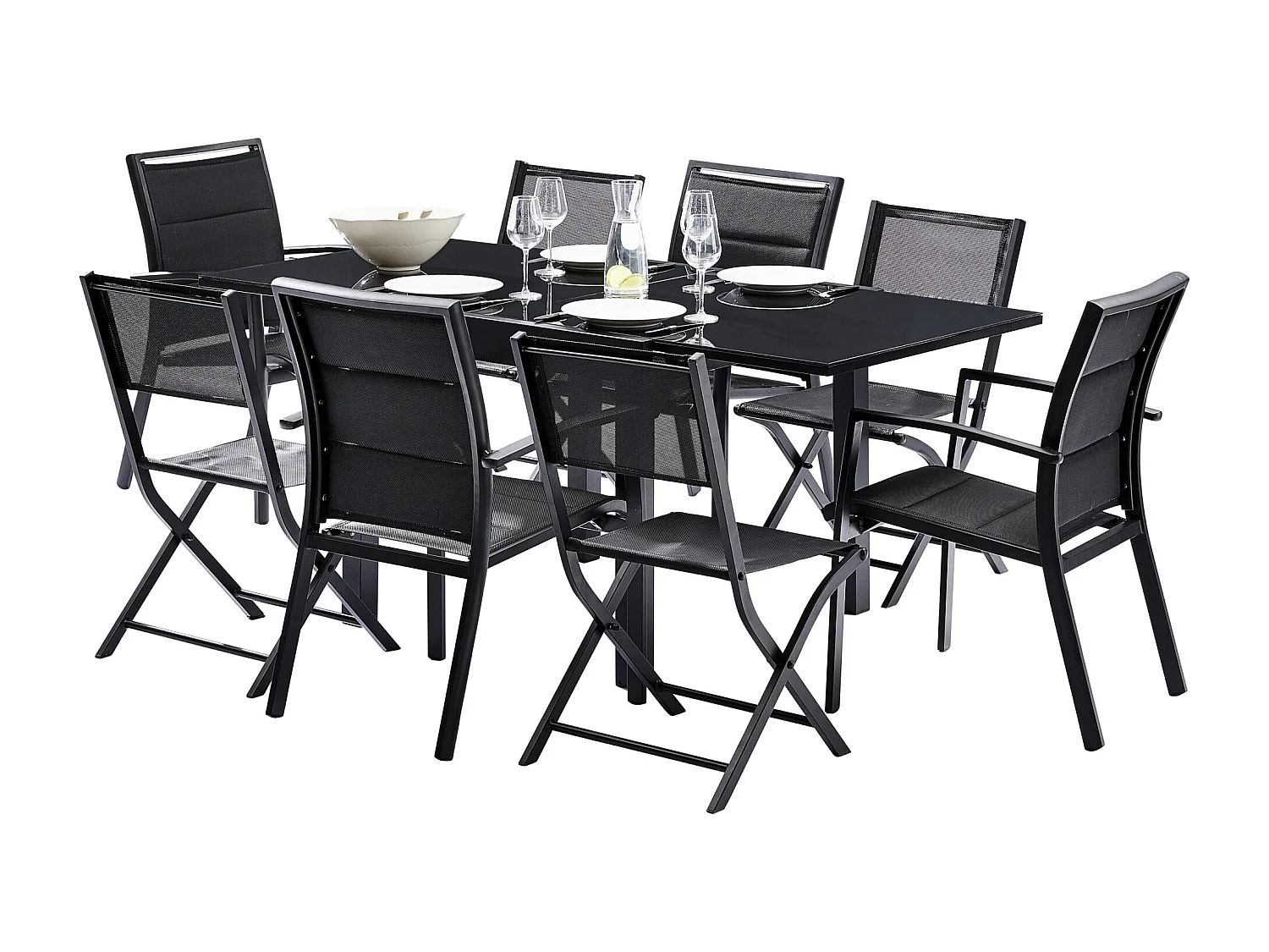 Ensemble MODULO 4/8p en aluminium noir et verre trempé modulable et 4 fauteuils