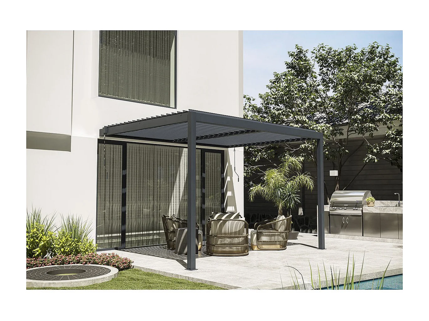 Pergola bioclimatique adossée avec led "Windsor" - 3 x 4 m - Anthracite