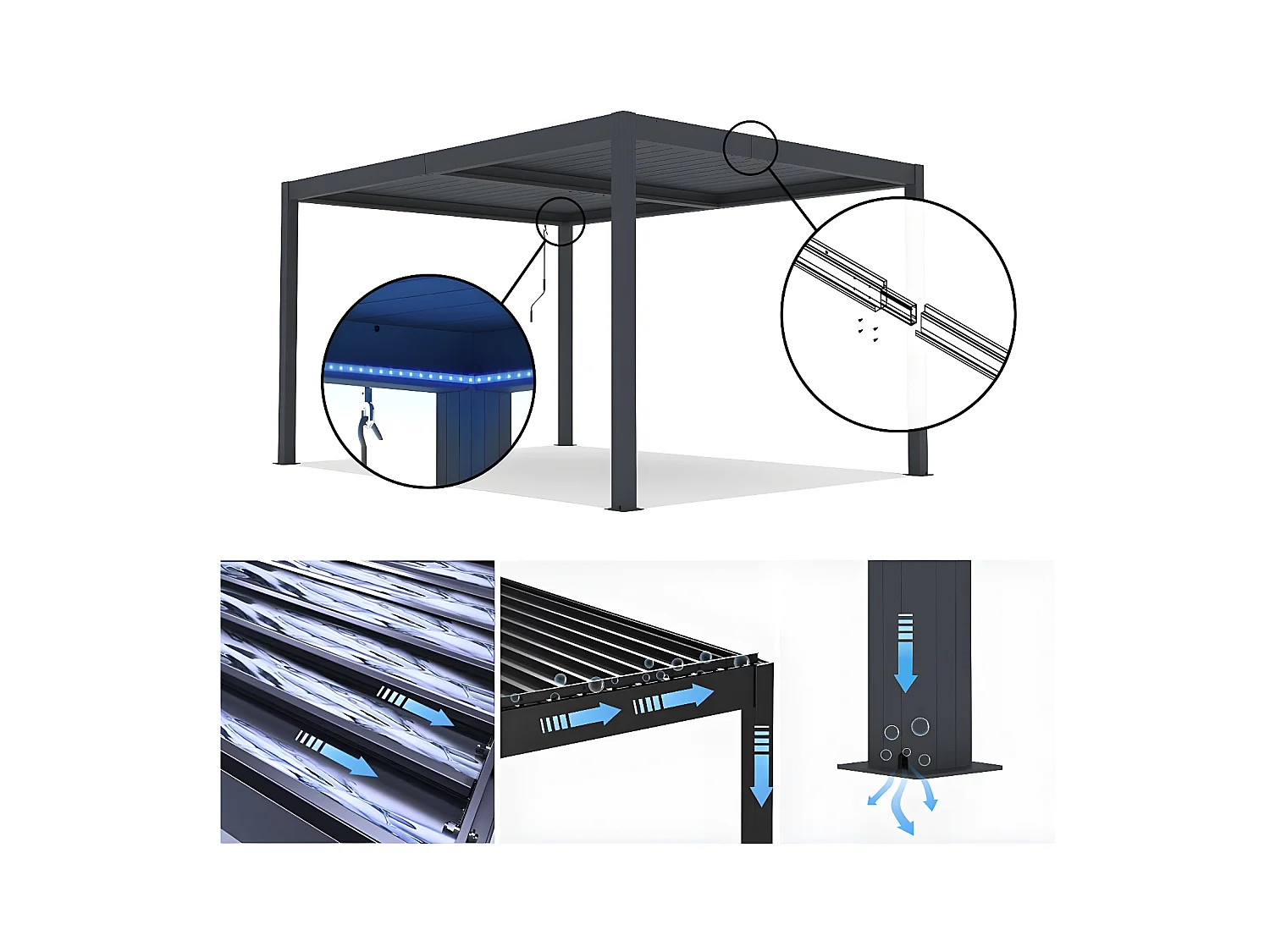 Pérgola bioclimática "Windsor" 3 x 3 con led de aluminio - Gris