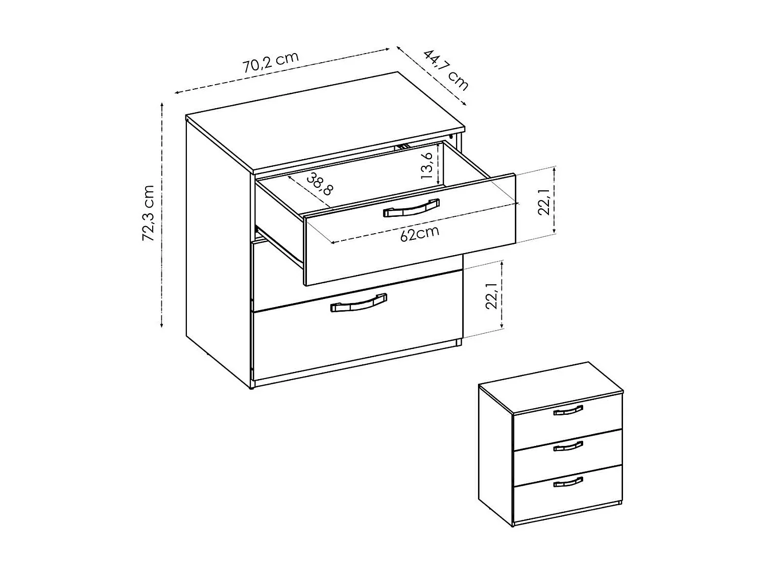 Cómoda Vasa 3 cajones natural 72,3x70,2x44,7cm