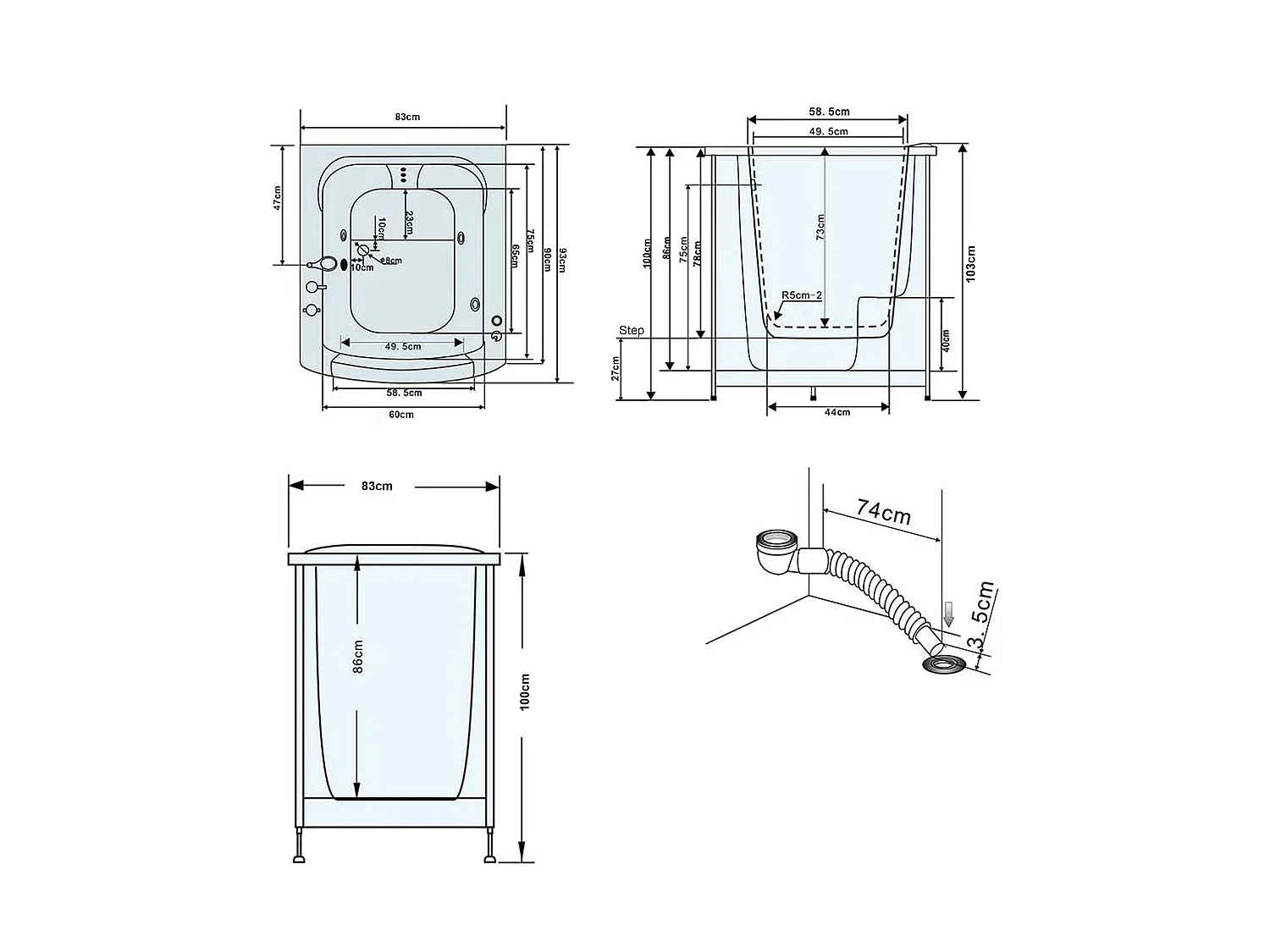 Whirlpoolbadewanne mit Tür 93x83xh100 cm weiß - Lavander