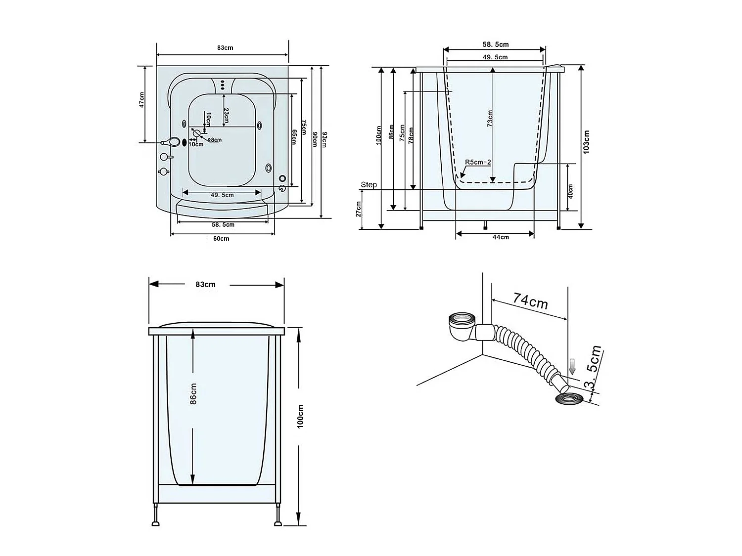 Baignoire Balnèo avec porte pour seniors 93 x 83 x h100 cm – Lavander