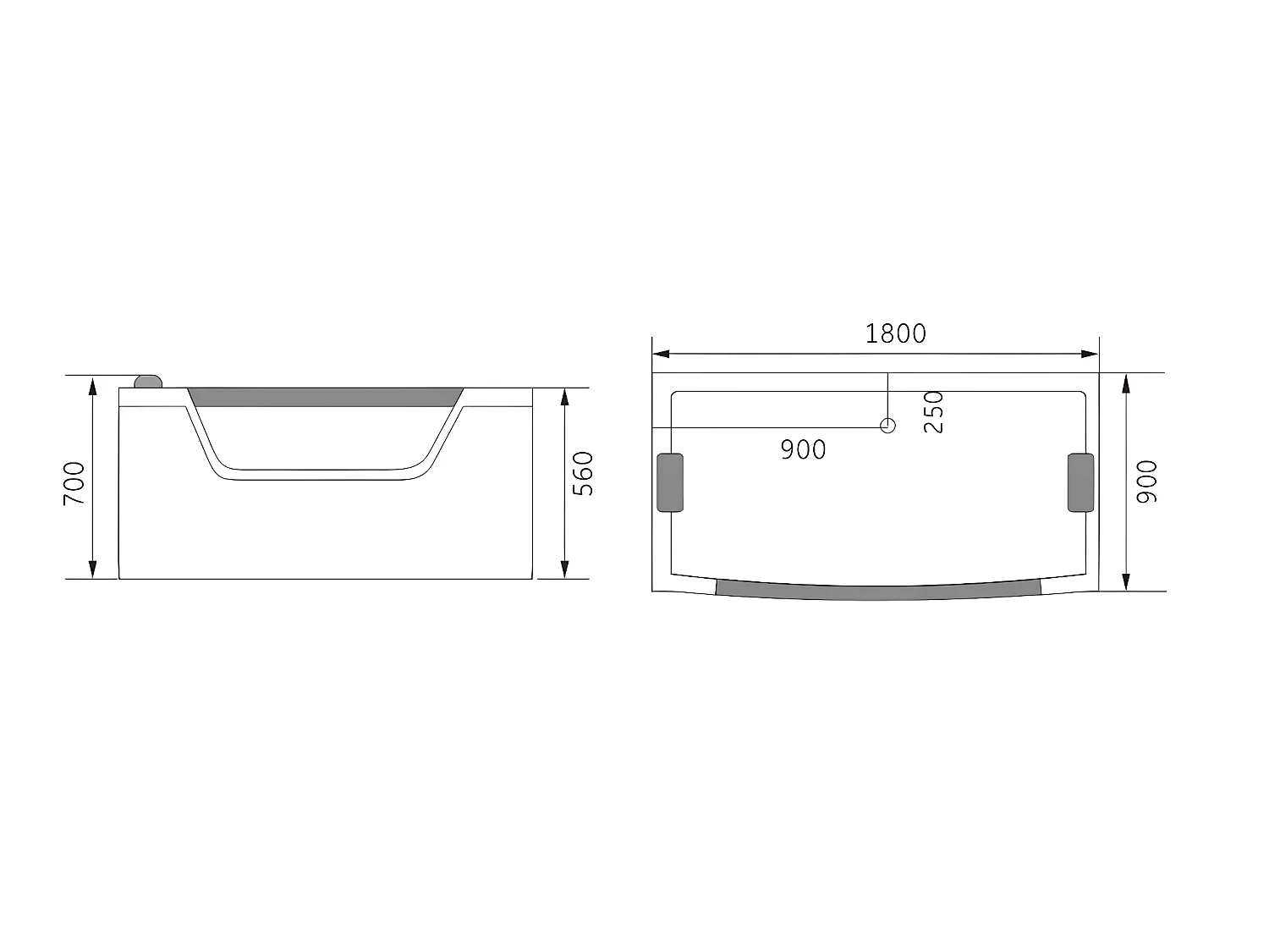 Whirlpoolbadewanne 180 x 90 cm Schwarz mit Frontglas 14 Düsen - Cherry