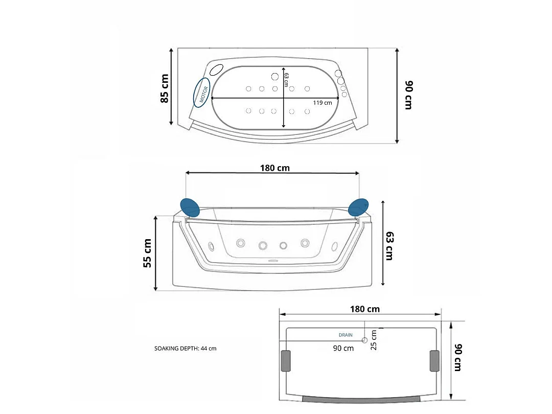 Baignoire hydromassage noir Chromothérapie 180 X 90 cm 14 jets – Cherry