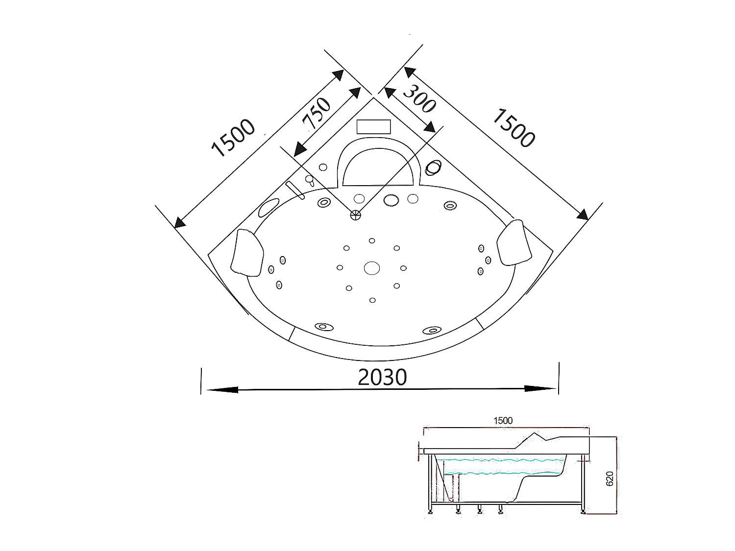 Whirlpoolbadewanne 150 x 150 cm weiß Doppelpumpe 20 Düsen - Wisteria