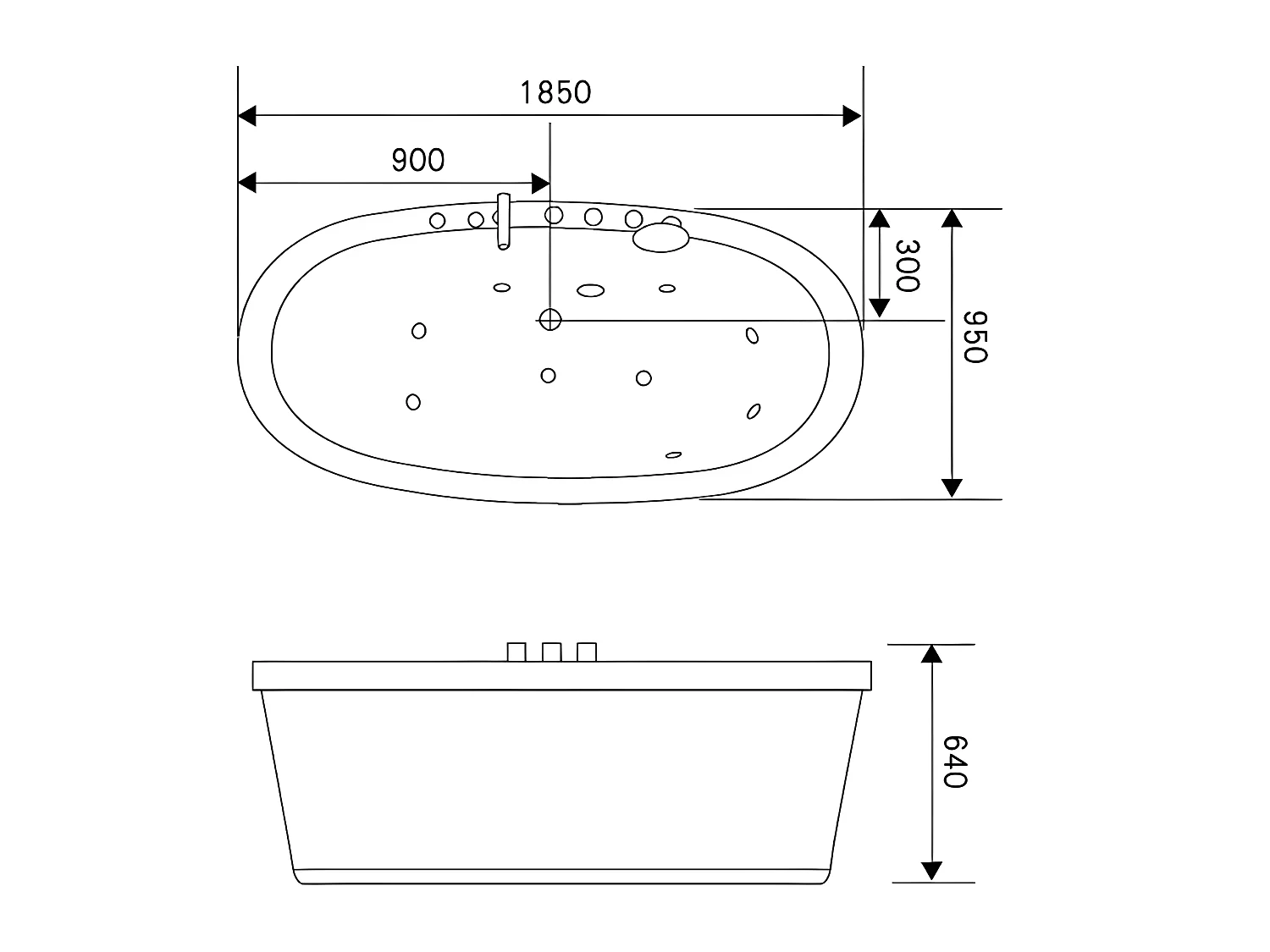 Vrijstaand ovaal zwart whirlpoolbad 185 x 95 cm 10 jets – Berry