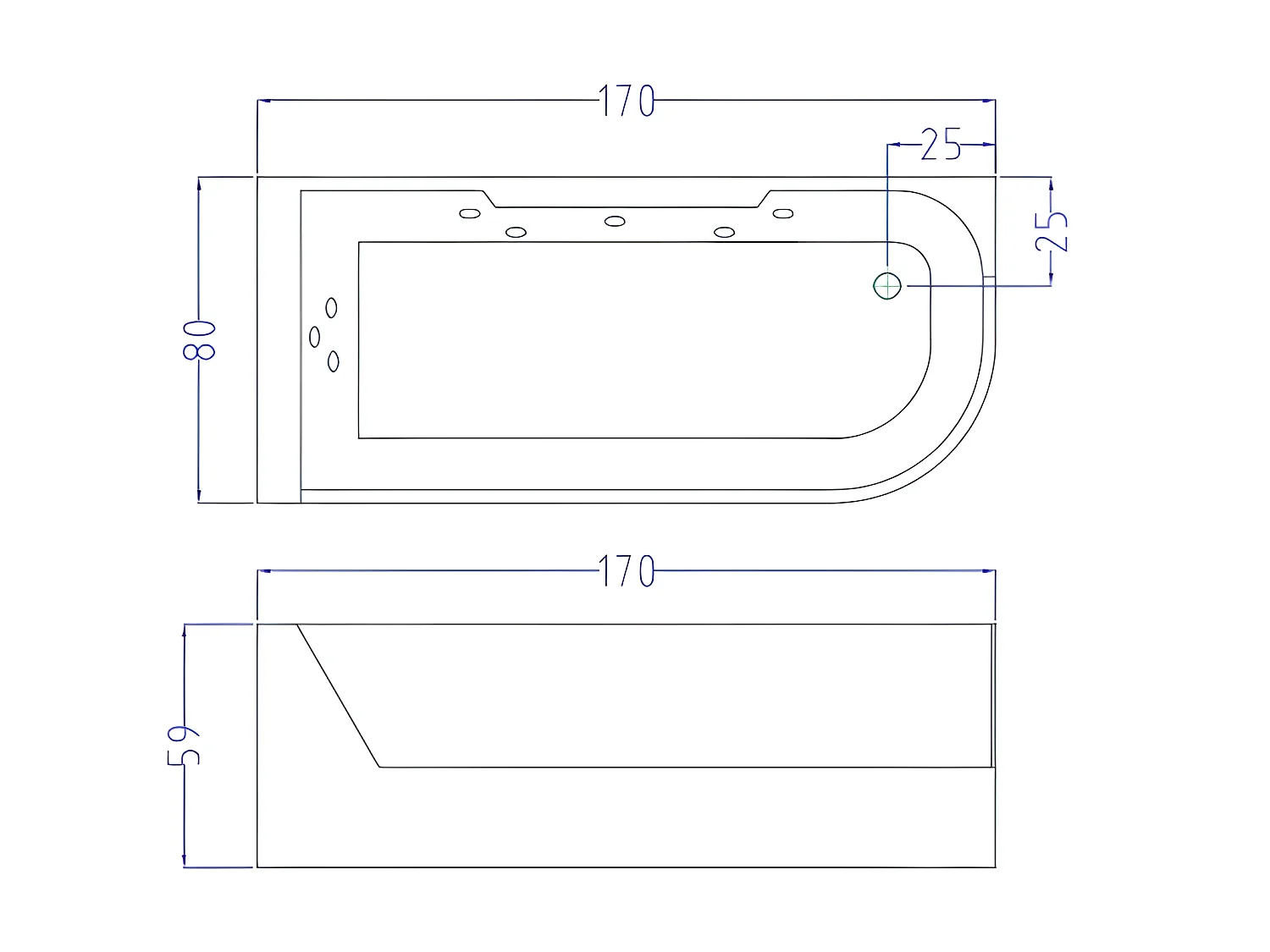 Whirlpoolbadewanne 170 x 80 cm weiß mit Frontglas 6 Düsen - Lotus