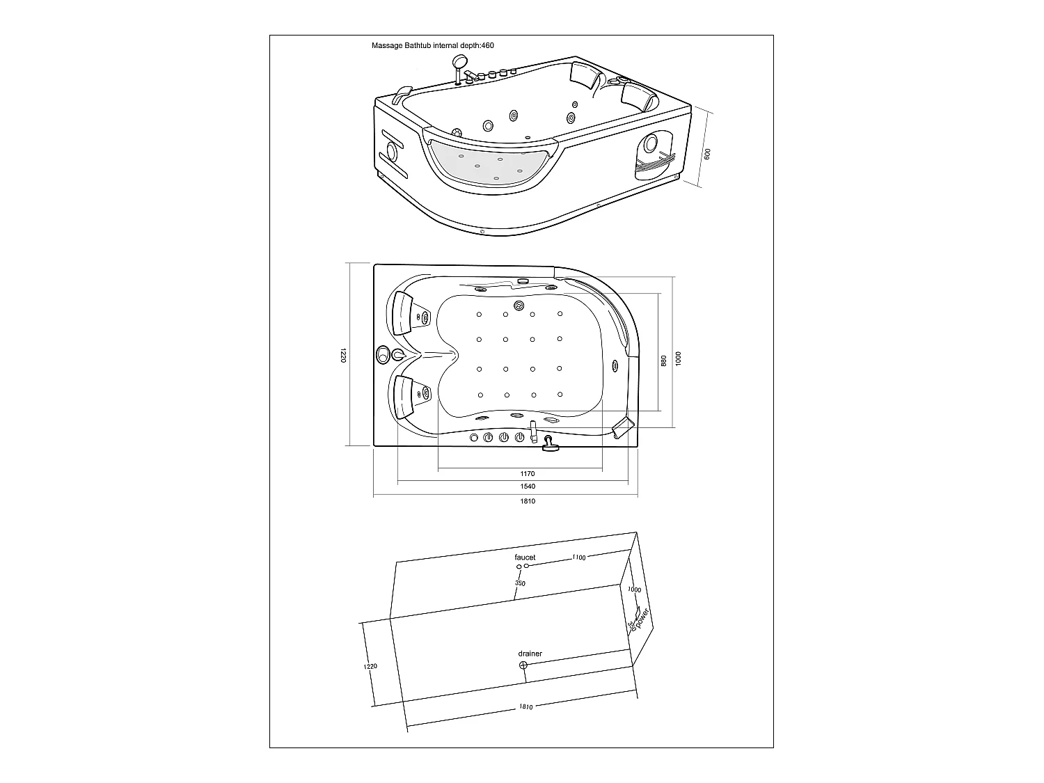 Whirlpoolbadewanne 180 x 120 cm weiß für 2 Personen 8 Düsen - Lily