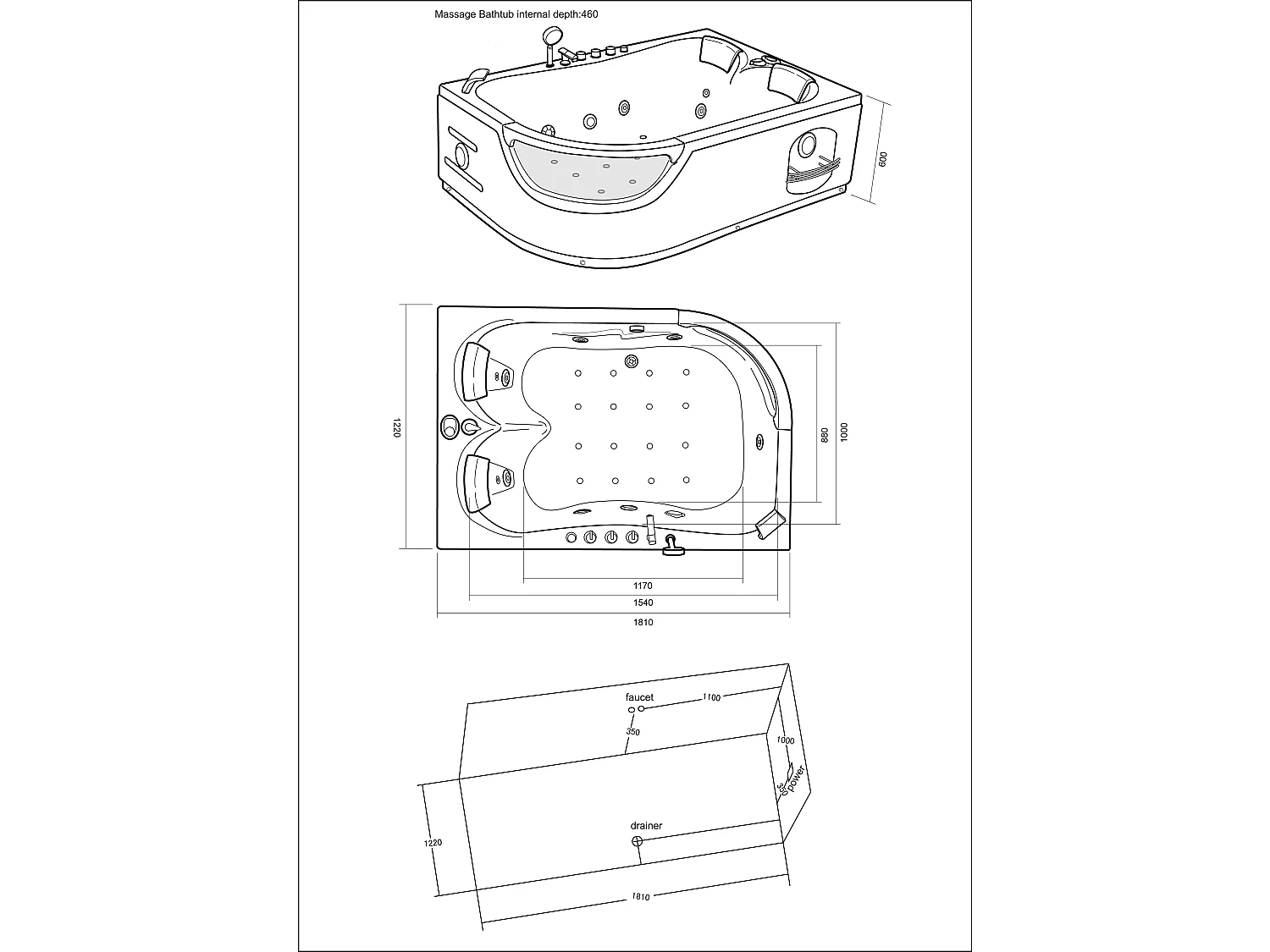 Wit bubbelbad 180 X 120 cm Chromotherapie 8 jets – Lily