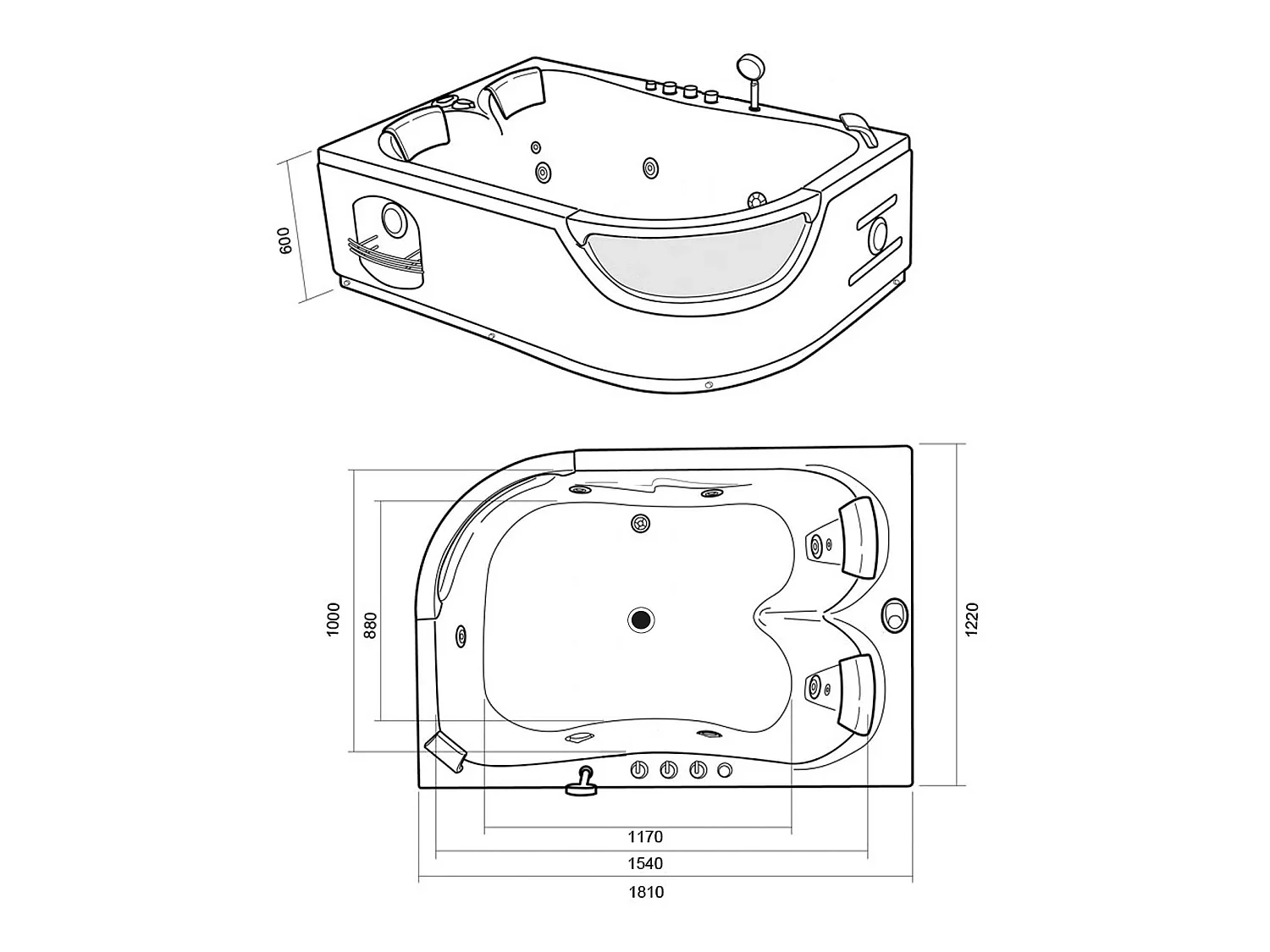 Whirlpoolbadewanne 180 x 120 cm Schwarz für 2 Personen 8 Düsen - Violet