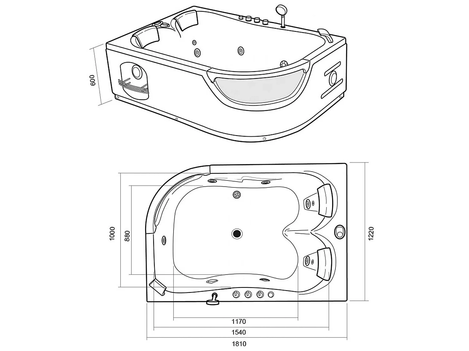 Zwart bubbelbad 180 X 120 cm Chromotherapie 8 jets – Violet