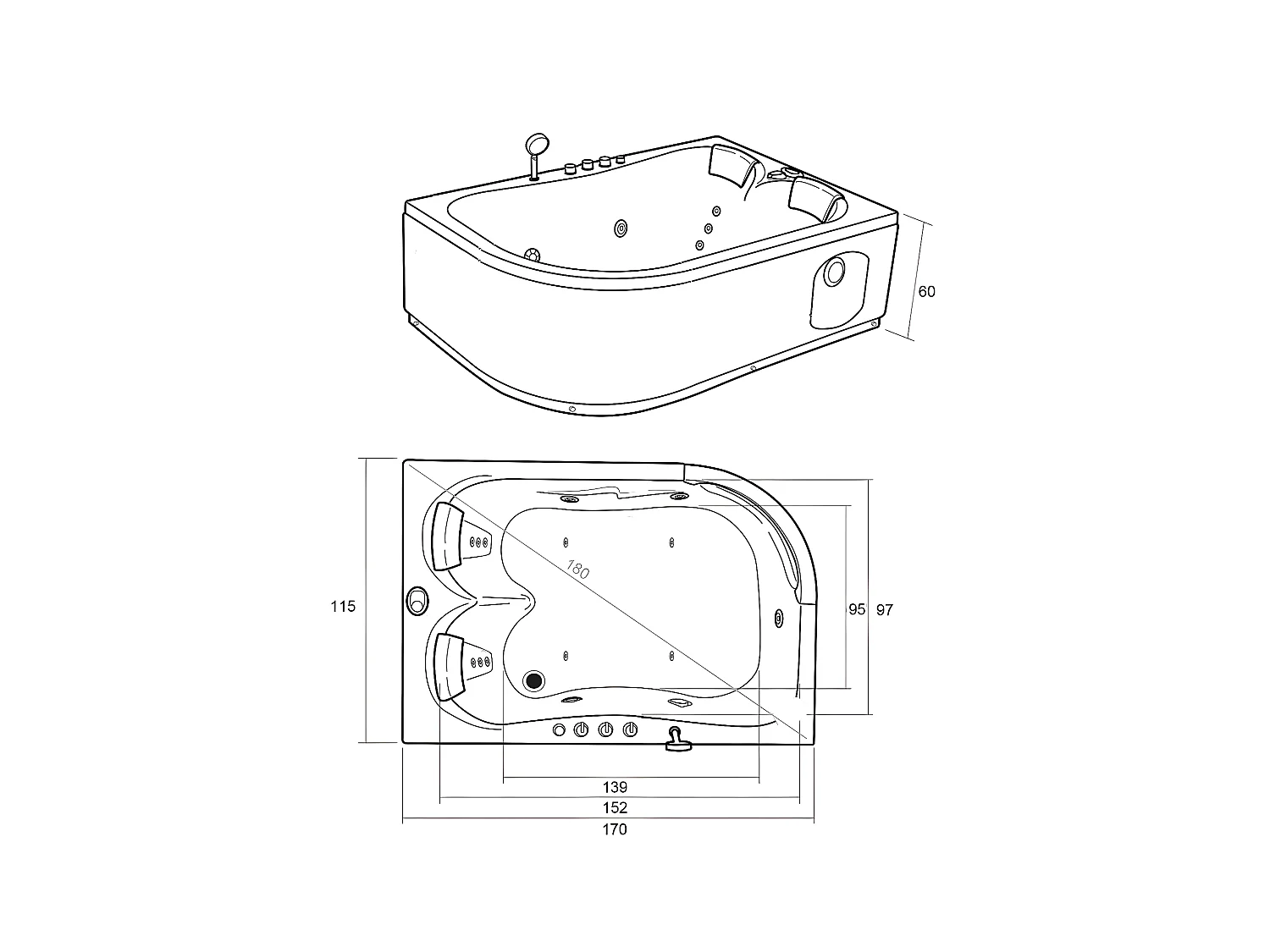 Whirlpoolbadewanne 170 x 115 cm Schwarz für 2 Personen 15 Düsen - Black Dahlia
