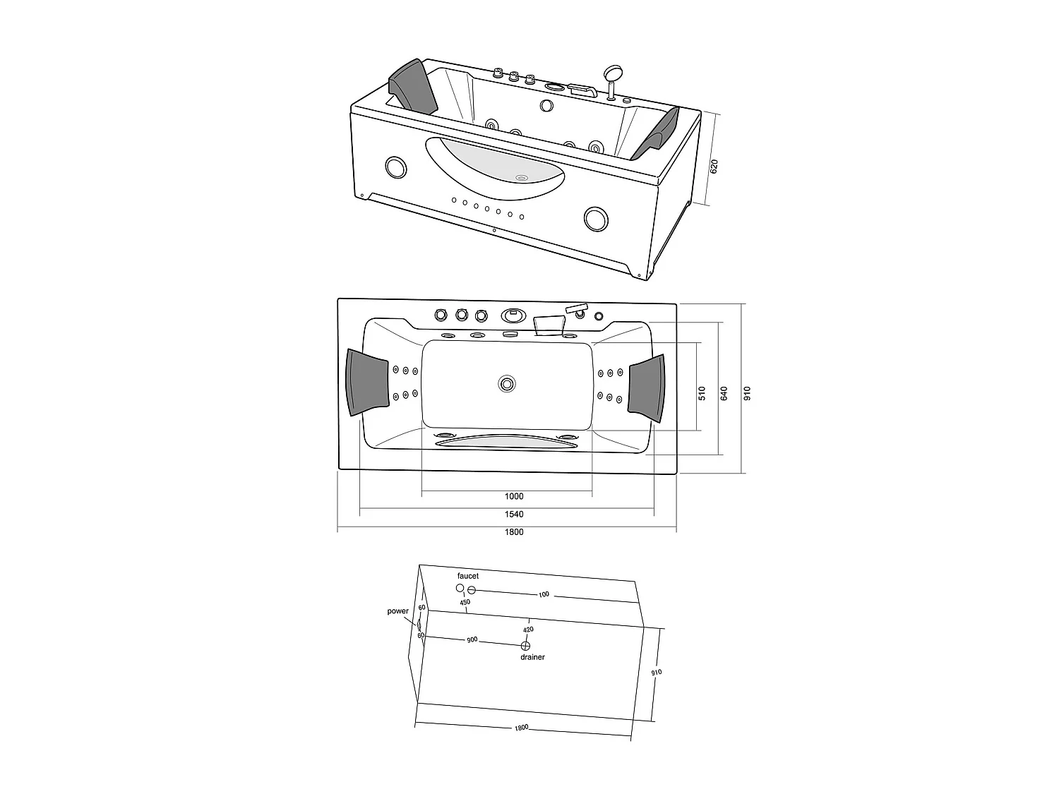 Whirlpoolbadewanne 180 x 90 cm Schwarz Chromotherapie 16 Düsen - Gardenia