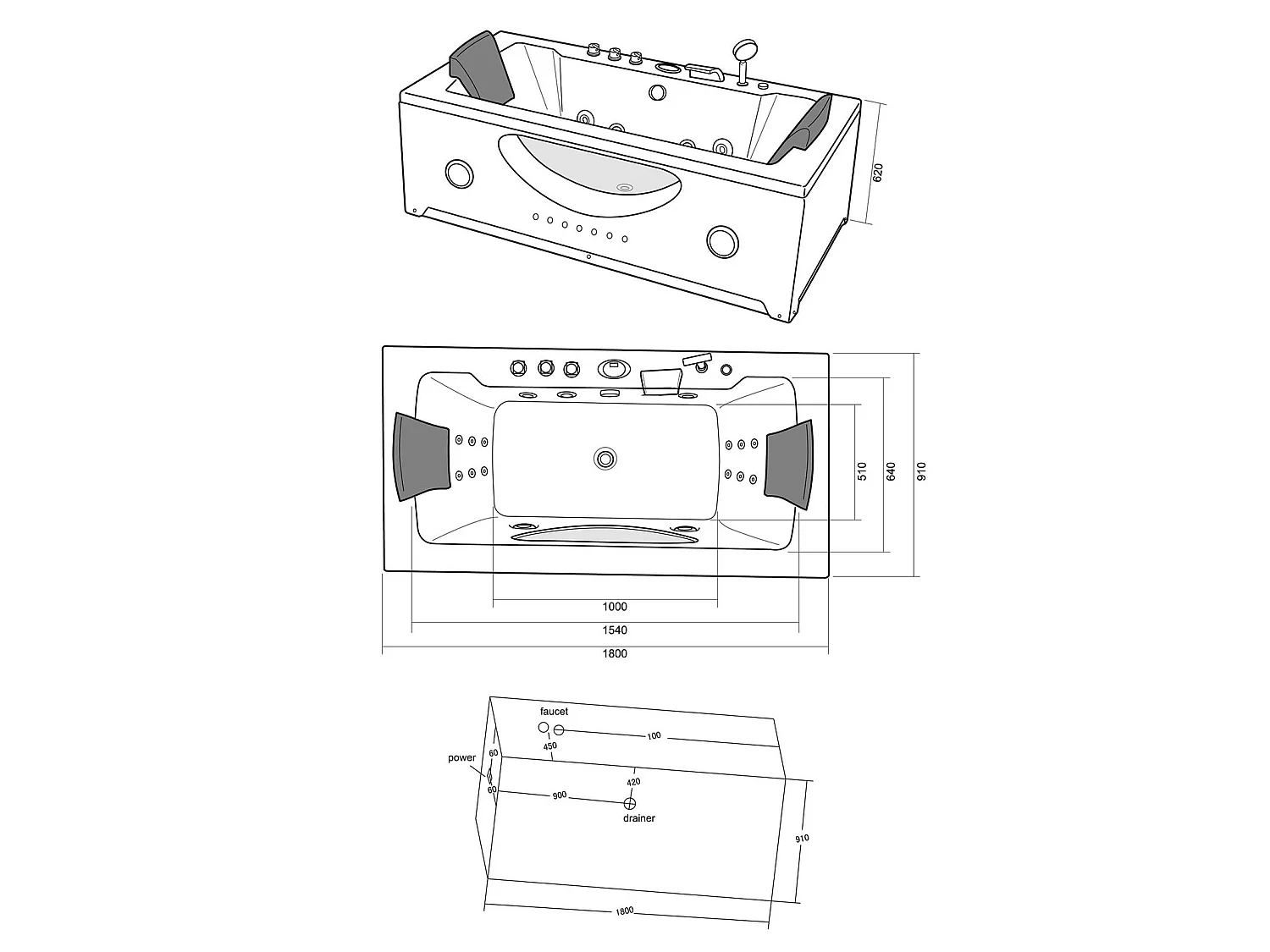 Zwart hydromassagebad Chromotherapie 180 x 90 cm 16 jets – Eden