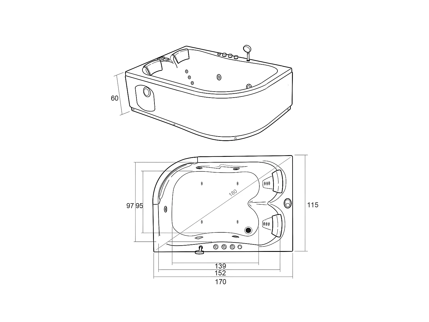 Whirlpoolbadewanne 170 x 115 cm weiß für 2 Personen 15 Düsen - Tulip