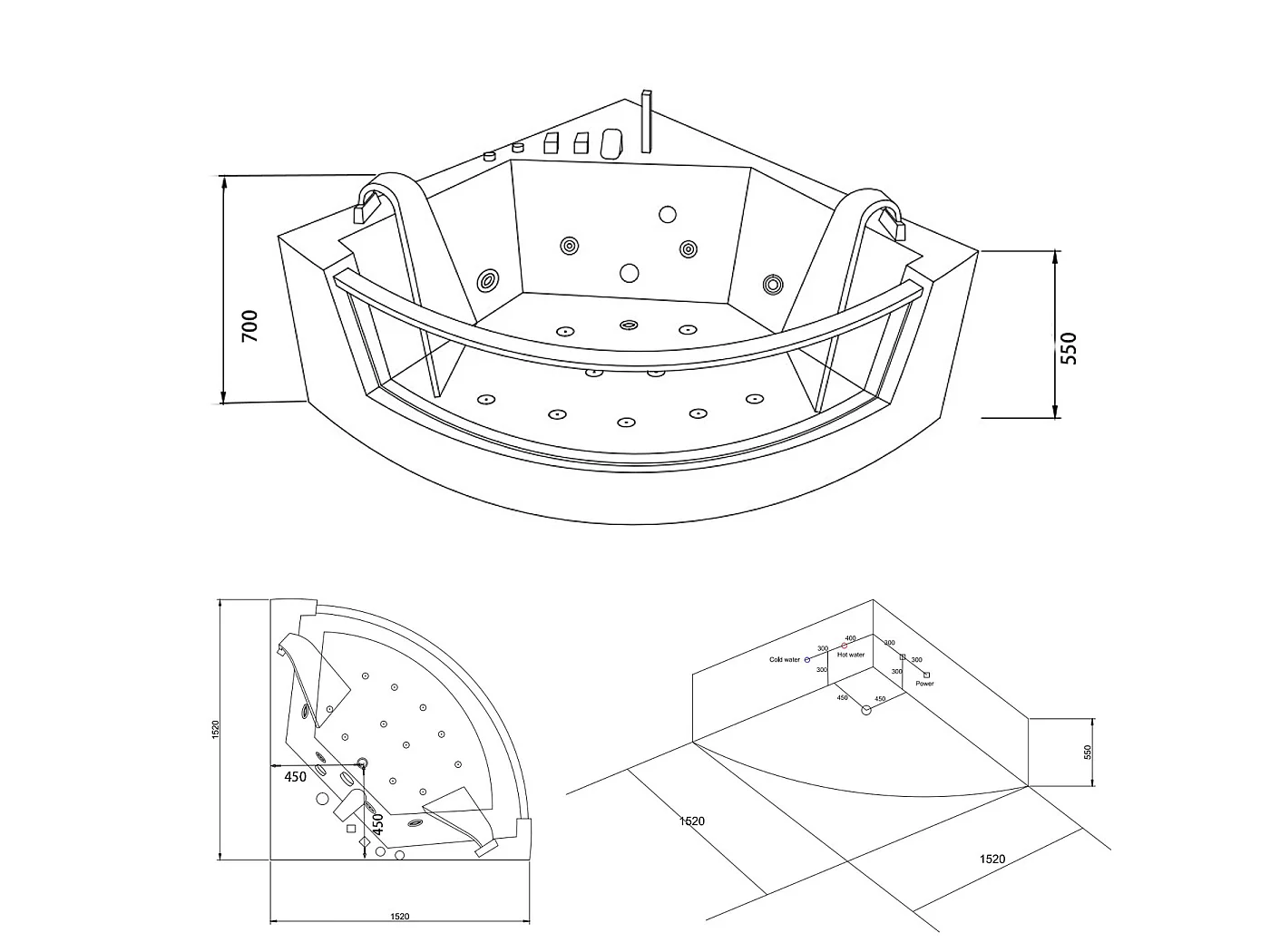 Baignoire hydromassage blanc pompe double 152 X 152 cm 19 jets – Calliope
