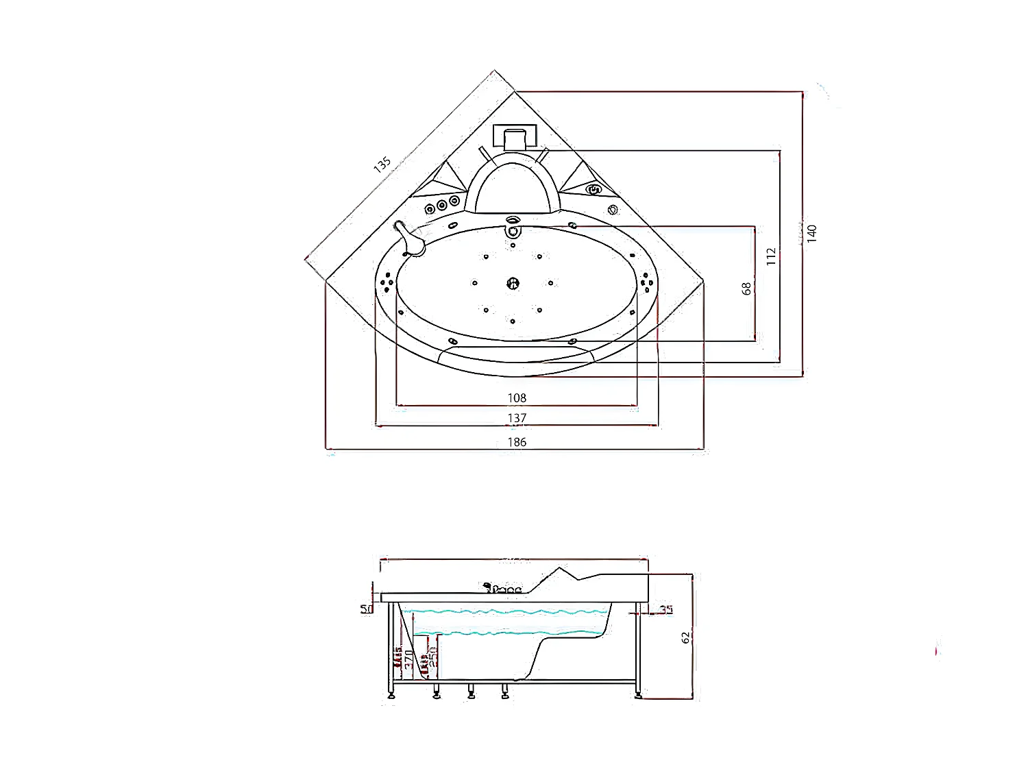 Bain à remous blanc Chromothérapie 135 X 135 cm 12 jets – Azalea