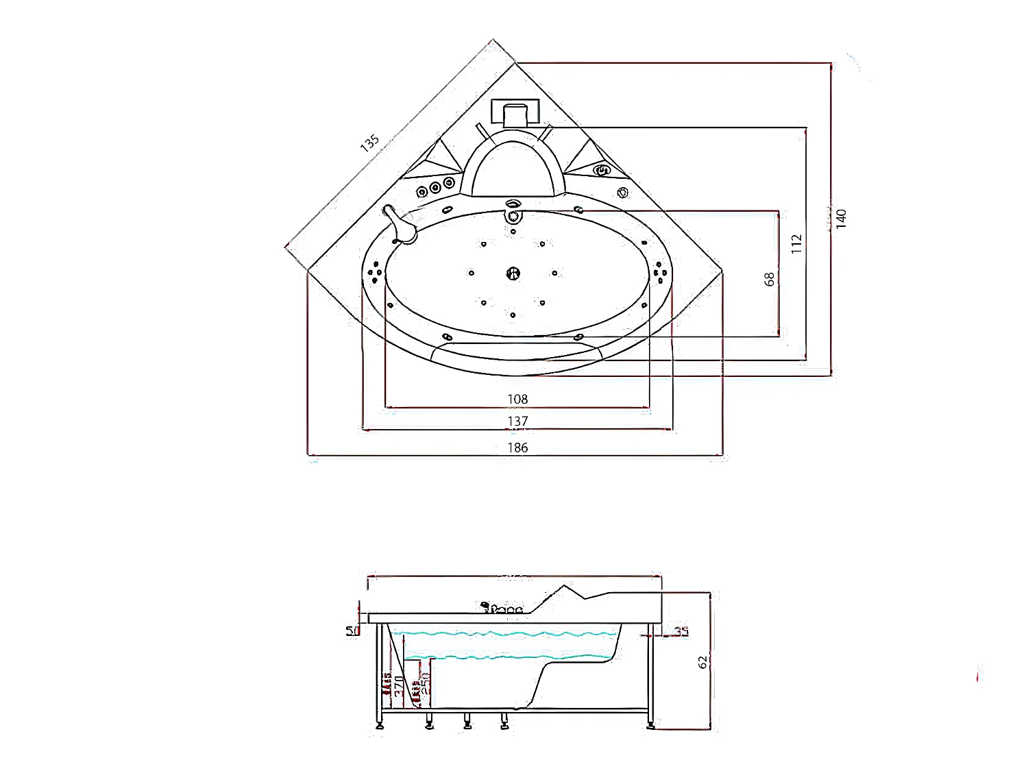 Bain à remous blanc Chromothérapie 135 X 135 cm 12 jets – Azalea