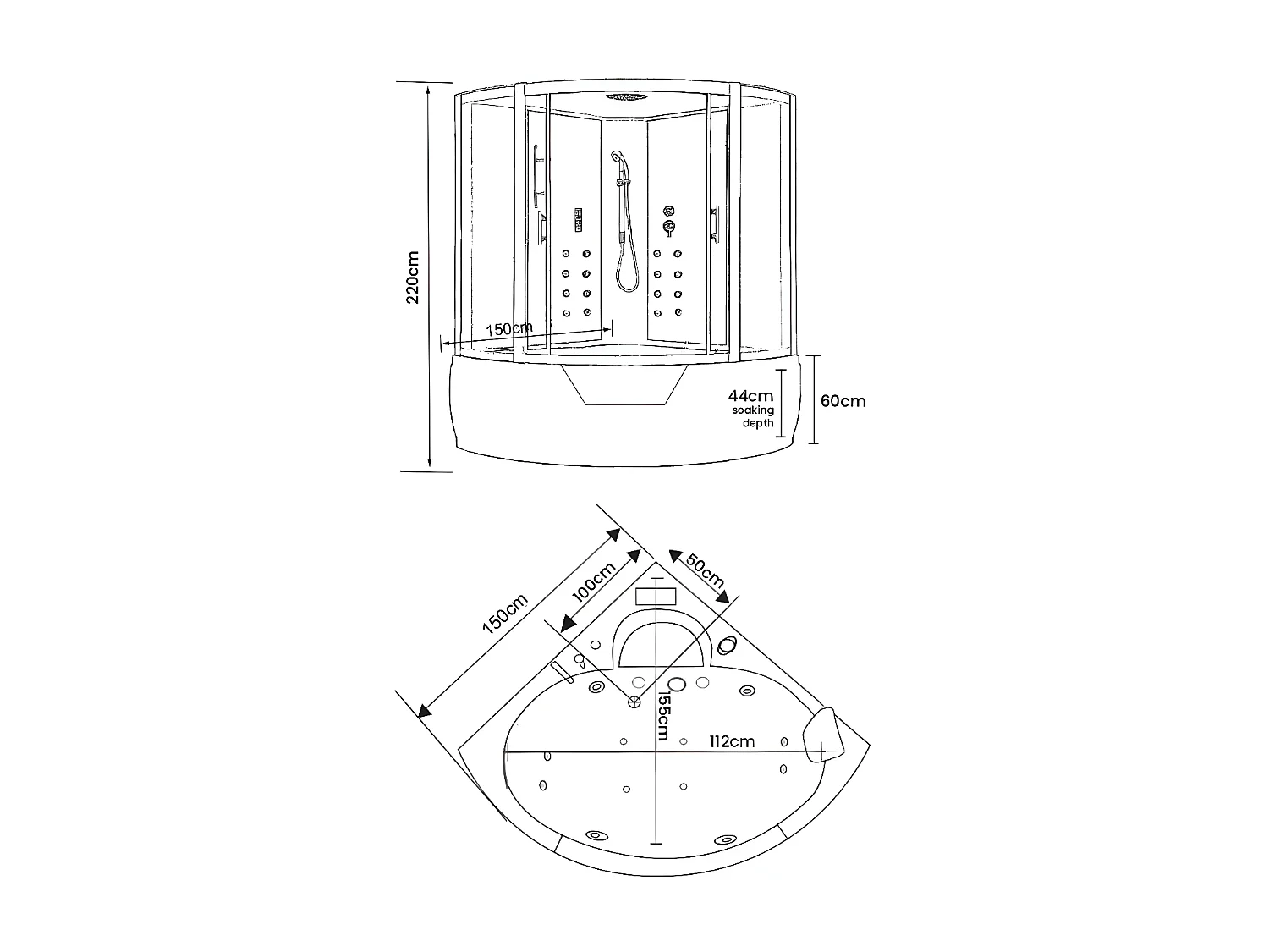 Vasca-doccia idromassaggio nera angolare 150 x 150 cm - Black Narciso