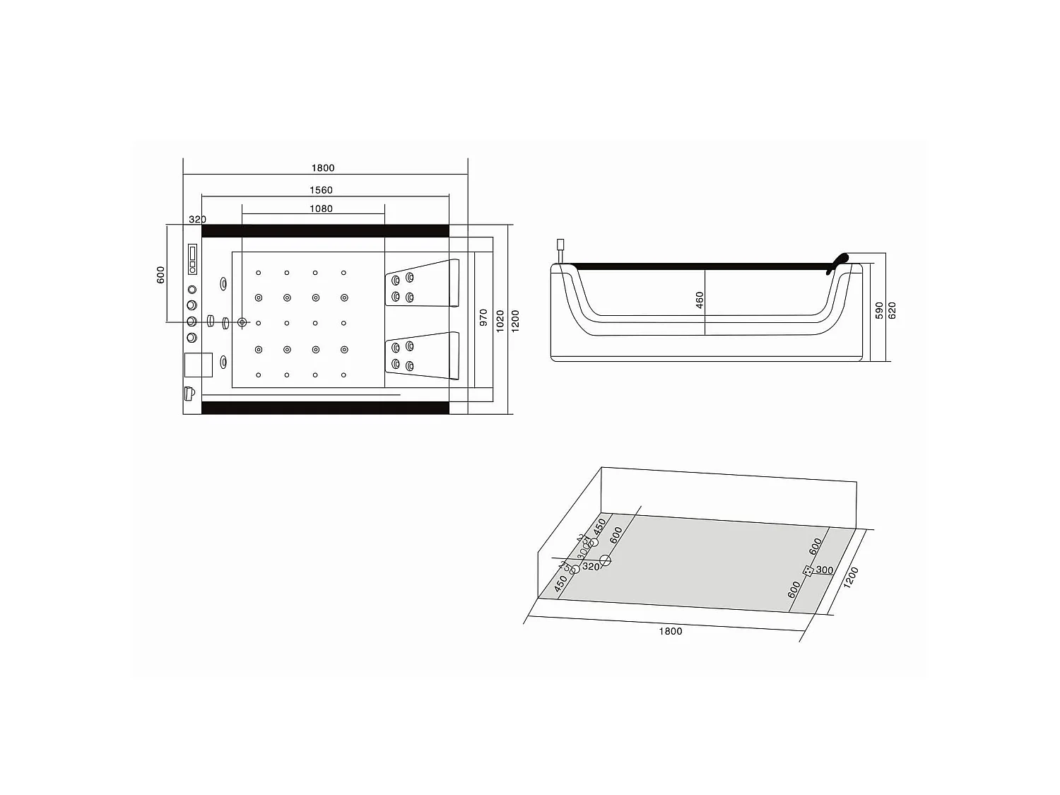 2-Person Whirlpool Bathtub 180 x 120 cm, 18 Jets – Pearl