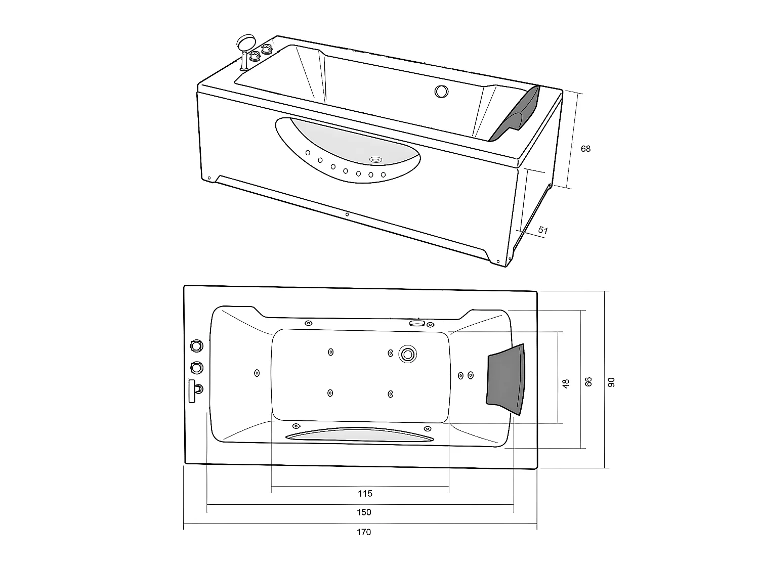 Whirlpoolbadewanne 170 x 90 cm weiß 11 Düsen - Freesia