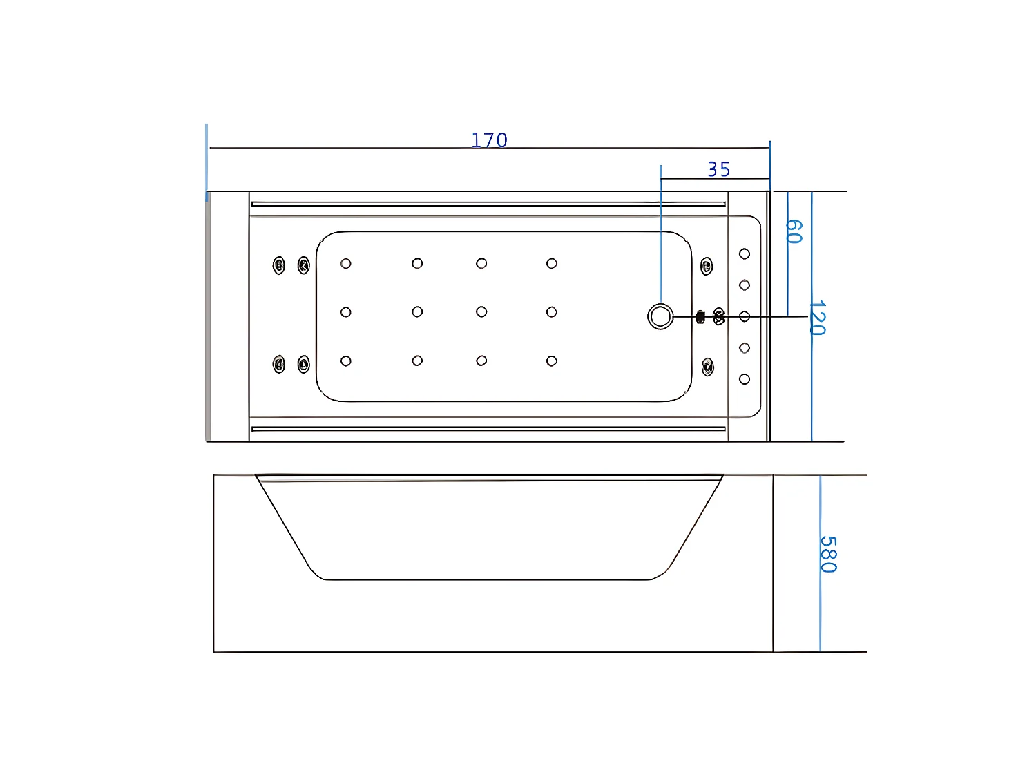 Hydromassagebad met 2 panoramische glazen 170 x 120 cm 8 jets – Gemma