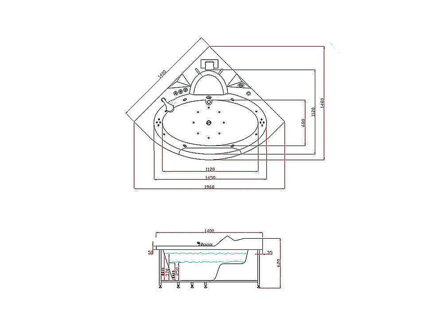 Whirlpoolbadewanne 140 x 140 cm weiß Doppelpumpe 20 Düsen - Camelia