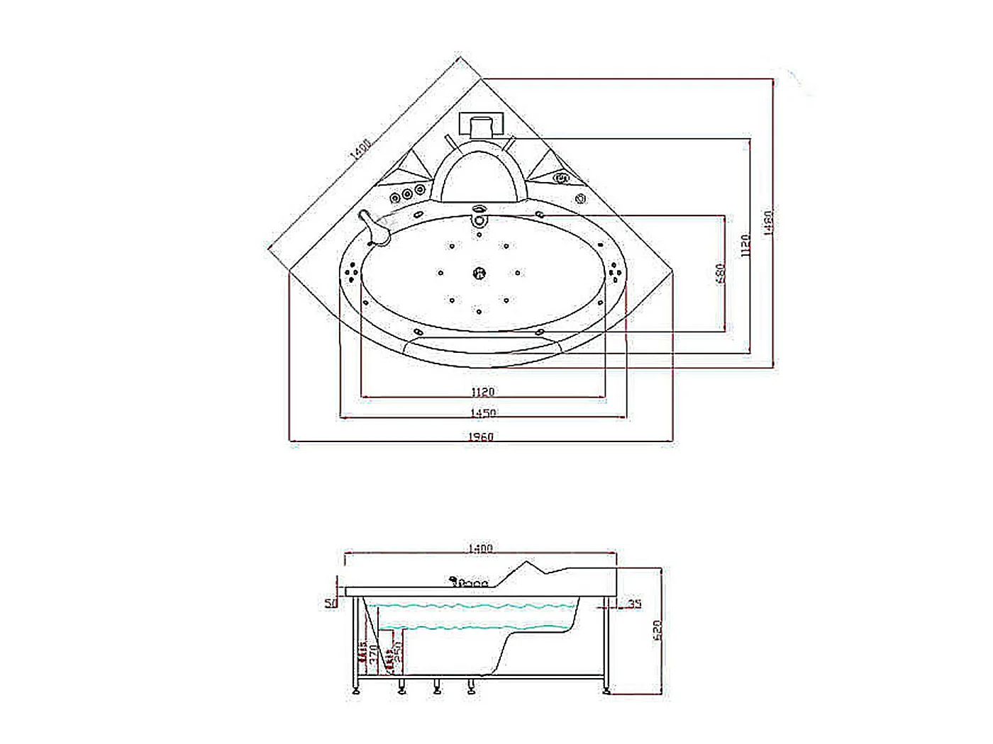 Whirlpoolbadewanne 140 x 140 cm weiß Doppelpumpe 20 Düsen - Camelia