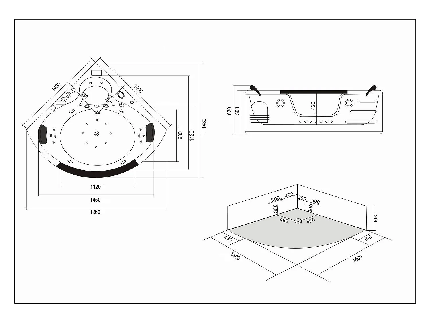 Whirlpoolbadewanne 140 x 140 cm Schwarz Chromotherapie 12 Düsen - Waterlily