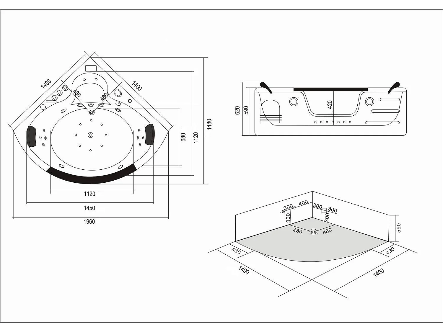 Zwart bubbelbad 140 x 140 cm Chromotherapie 12 jets – Waterlily