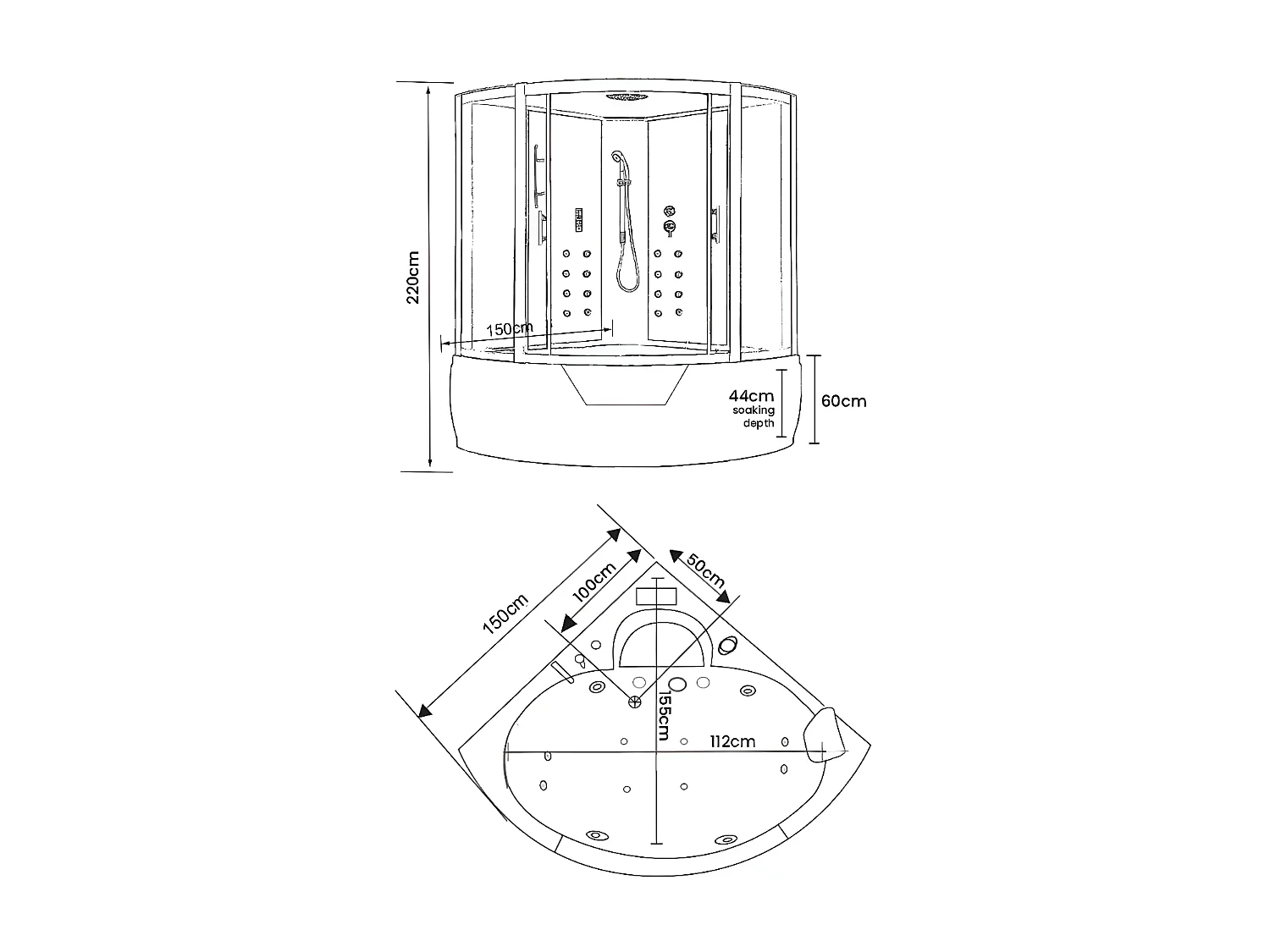 Baignoire-Douche hydromassage angle 150 x 150 cm – Narciso