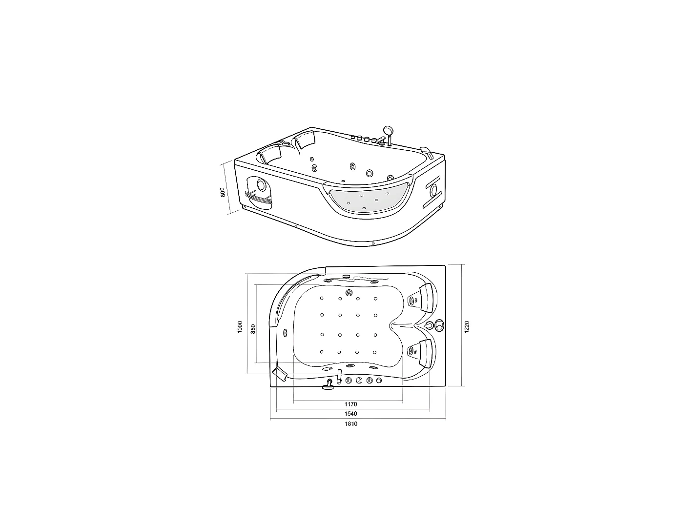 Whirlpoolbadewanne 180 x 120 cm weiß für 2 Personen 8 Düsen - Poppy