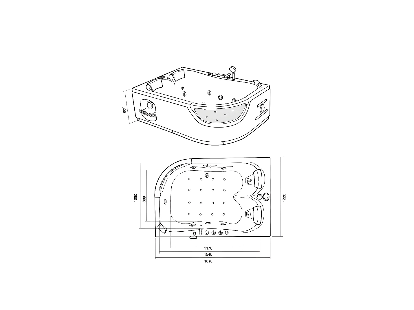 Baignoire Balnèo blanc 180 X 120 cm Chromothérapie 8 jets – Poppy