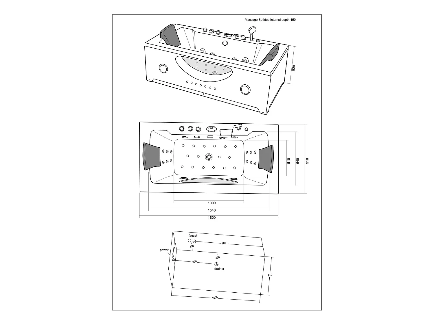 Whirlpoolbadewanne 180 x 90 cm weiß Chromotherapie 16 Düsen - Eden