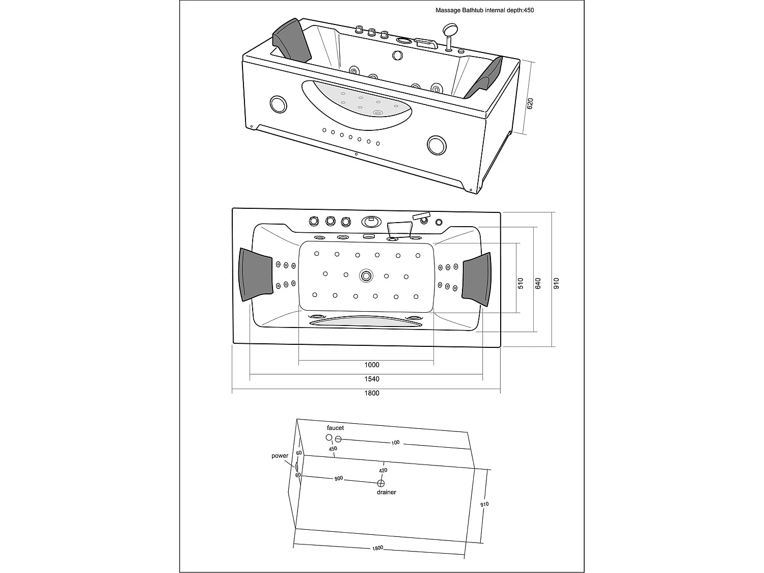 Baignoire hydromassage blanc Chromothérapie 180 X 90 cm 16 jets – Eden