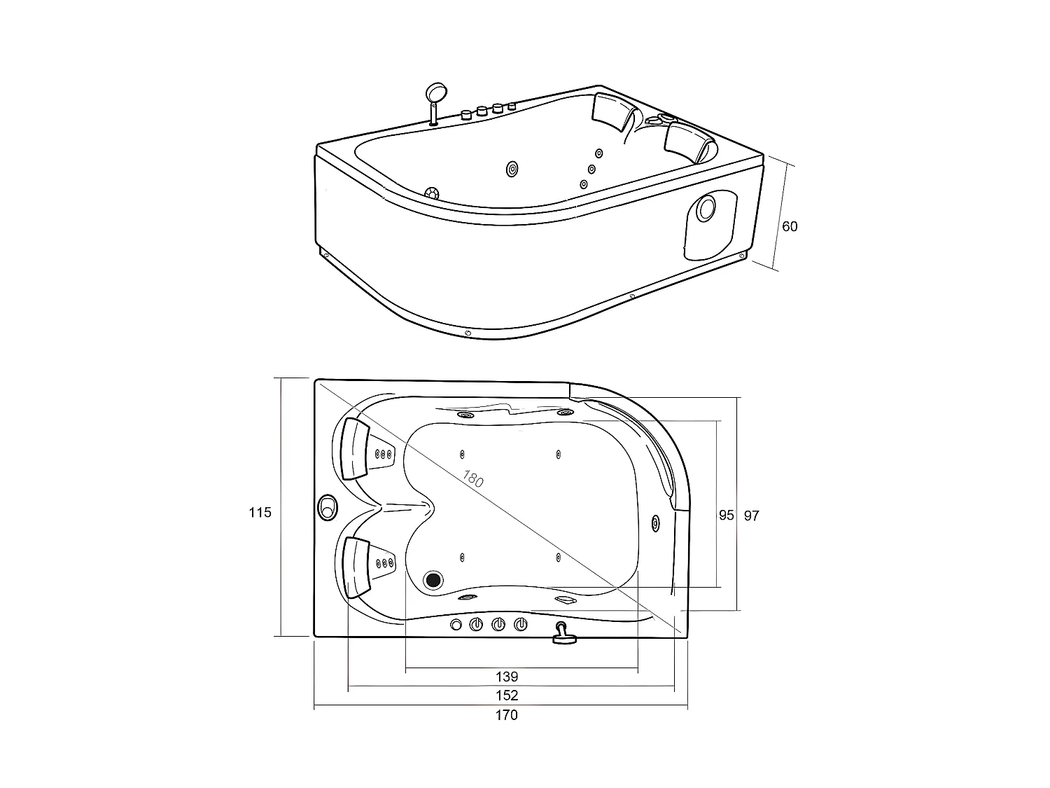 Whirlpoolbadewanne 170 x 115 cm weiß für 2 Personen 15 Düsen - Dahlia