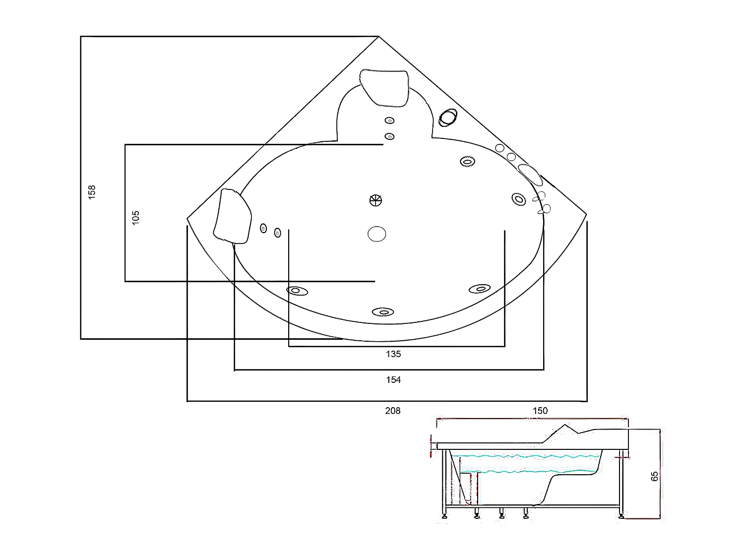 Vasca idromassaggio bianca 150 X 150 cm Cromoterapia 9 getti – Alyssa