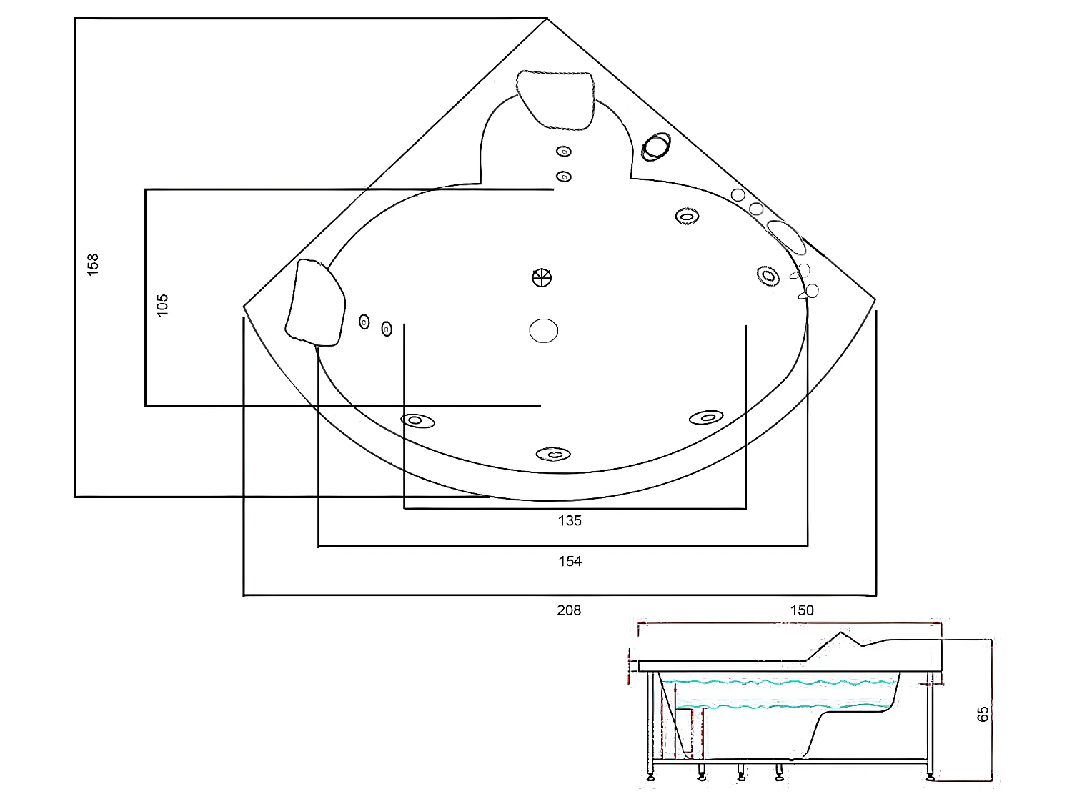 Baignoire Balnéo blanc 150 X 150 cm Chromothérapie 9 jets – Alyssa