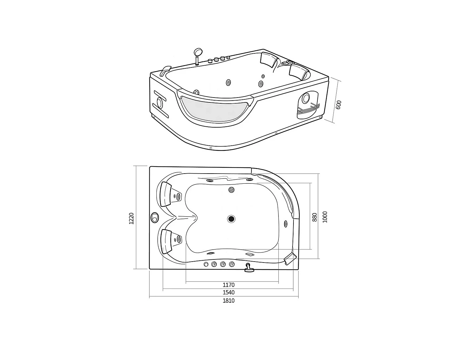 Whirlpoolbadewanne 180 x 120 cm Schwarz für 2 Personen 8 Düsen - Bluebell