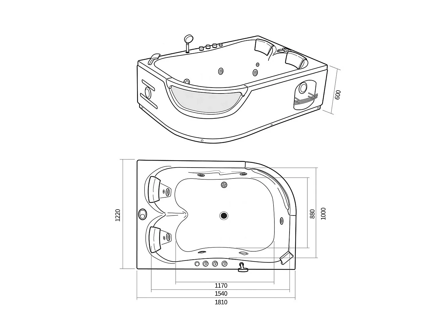 Baignoire Balnèo hydromassage noir 120 x 180 cm 8 jets – Bluebell