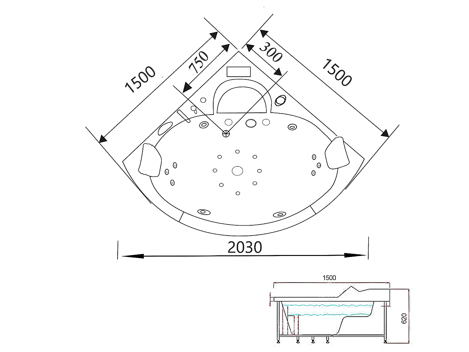 Baignoire Balnèo Chromothérapie 150 X 150 cm pompe double 20 jets – Magnolia